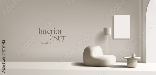 Realistic 3D interior. Soft armchair, blank picture, coffee table with plant, floor lamp. Bright stylish light room with arch and light from the street. Vector illustration.