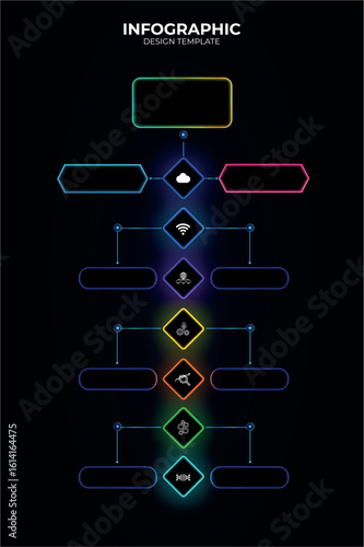 Vertical Infographic Tech Template with Neon and glowing Gradient buttons. Modern UI Interface Layout multiple Step Process Connecting with Line vertical Node AI Data Analysis. Futuristic Intelligence