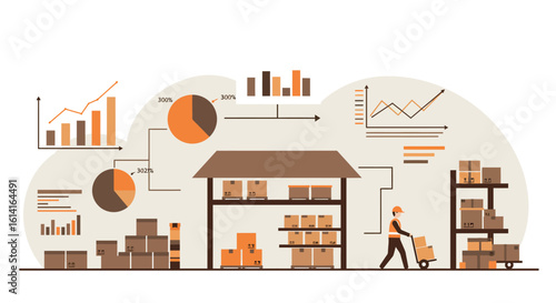 Logistics and inventory management concept with warehouse and data charts