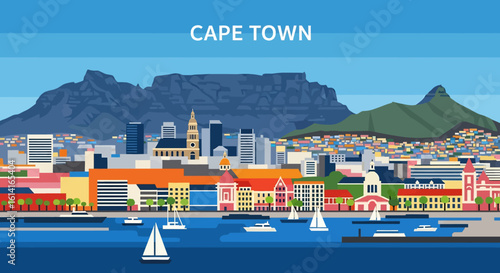 flat style picturesque illustration of the vibrant Cape Town cityscape featuring Table Mountain, skyscrapers, and a bustling waterfront with boats