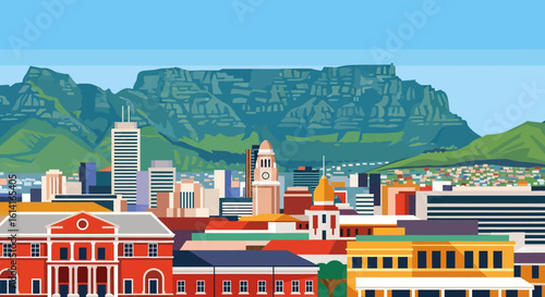 flat style picturesque illustration of the vibrant Cape Town cityscape featuring Table Mountain, skyscrapers, and a bustling waterfront with boats