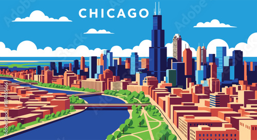 Adobe Illustrator Artwork flat style picturesque illustration of the impressive Chicago cityscape featuring its distinctive skyscrapers, a bridge over the river, and boats on the water