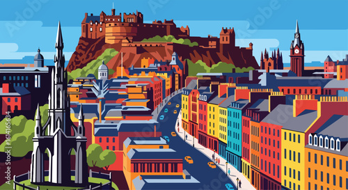 Adobe Illustrator Artwork 
flat style picturesque illustration of the historic Edinburgh cityscape featuring the iconic Edinburgh Castle perched on a hill, surrounded by charming old town buildings