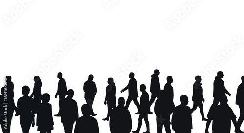 Silhouette crowd: people walking in black and white on white background