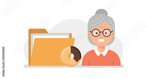Smiling elderly woman with files and donut icon in flat design