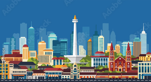 Adobe Illustrator Artwork flat style picturesque illustration of the bustling Jakarta cityscape featuring the iconic Monas (National Monument) surrounded by modern skyscrapers and street activity