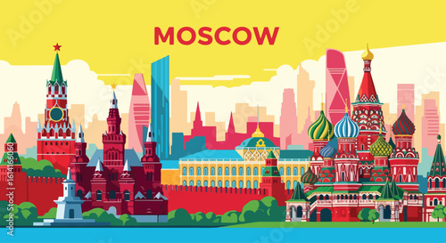 Adobe Illustrator Artwork flat style picturesque illustration of the vibrant Moscow cityscape featuring the iconic Kremlin and St. Basil's Cathedral with their colorful domes and spires