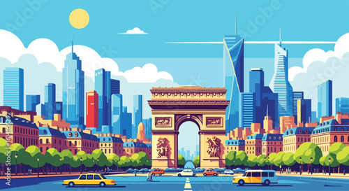 Adobe Illustrator Artwork flat style picturesque illustration of the grand Paris cityscape featuring the iconic Arc de Triomphe and Champs-Élysées, showcasing classic and modern architecture