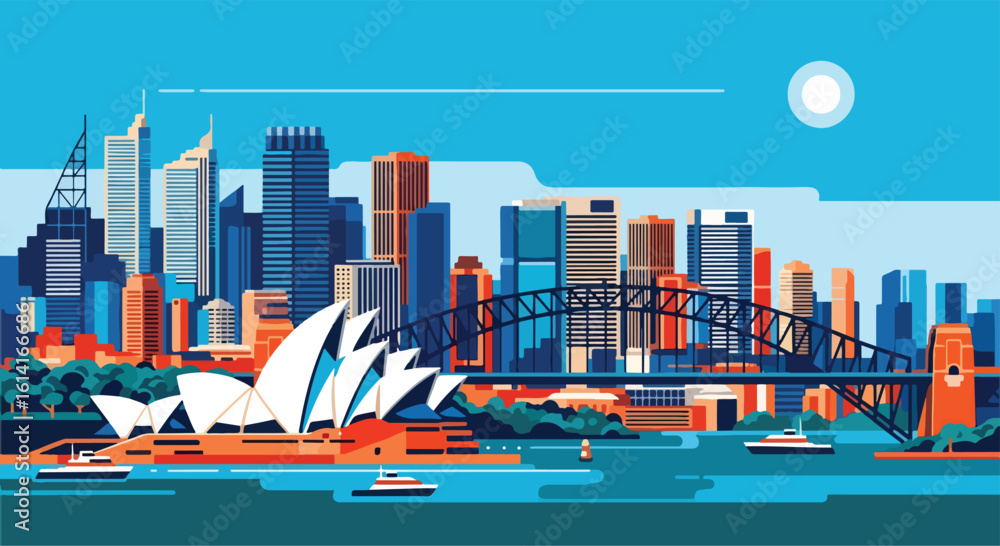 Fototapeta premium Adobe Illustrator Artwork flat style picturesque illustration of the stunning Sydney cityscape featuring the iconic Opera House and Harbour Bridge against a bright blue sky and water