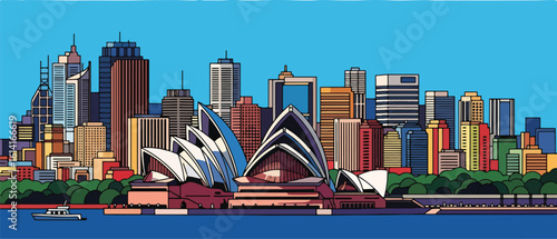 Adobe Illustrator Artwork flat style picturesque illustration of the stunning Sydney cityscape featuring the iconic Opera House and Harbour Bridge against a bright blue sky and water