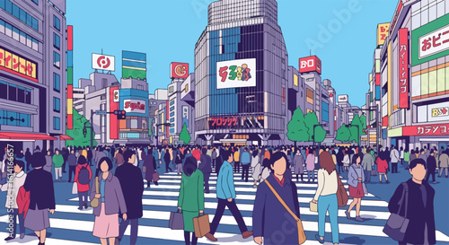 Adobe Illustrator Artwork flat style picturesque illustration of the bustling Shibuya crossing in Tokyo, Japan, with crowds of pedestrians and vibrant billboards creating a dynamic urban scene