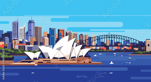 Adobe Illustrator Artwork flat style picturesque illustration of the stunning Sydney cityscape featuring the iconic Opera House and Harbour Bridge against a bright blue sky and water