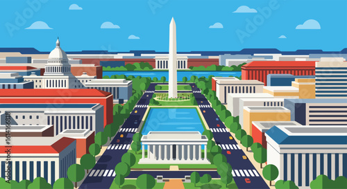 flat style picturesque illustration of the iconic Washington D.C. cityscape with prominent landmarks like the Capitol Building and Washington Monument, perfect for travel and tourism