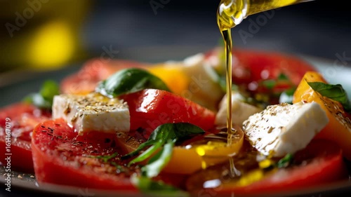 Pouring olive oil over fresh caprese salad with tomatoes, mozzarella, and basil