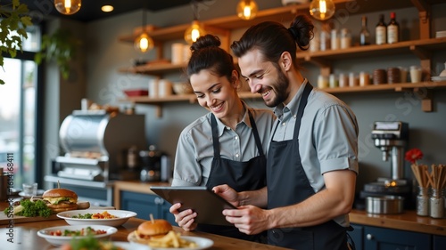 Two restaurant workers using a touchscreen tablet together

