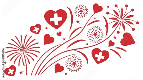 Red swiss cross hearts and fireworks celebration isolated on white background