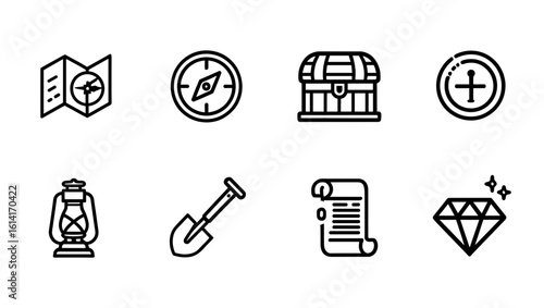 Collection of eight outline icons depicting treasure hunt tools and valuable treasure items in a row