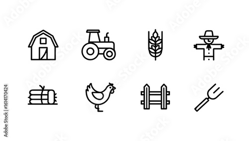Farm icons featuring barn tractor wheat scarecrow hay bales chicken fence and pitchfork in outline style