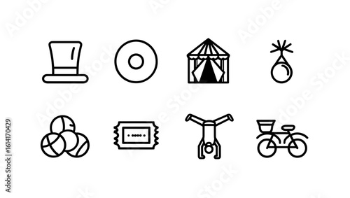 Collection of circus themed icons including a tent, ticket, bicycle, and acrobat performing a handstand