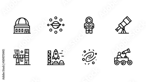 Collection of space exploration icons featuring observatory astronaut rocket and other cosmic elements design