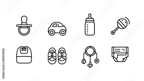 Outline drawings depicting infant related items including pacifier car bottle and more in a row format