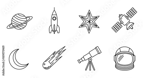 Collection of space themed line art drawings including planet rocket star and astronaut helmet displayed well