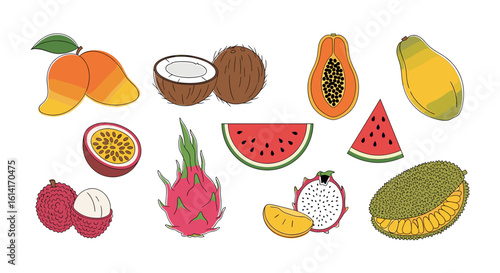 Assorted tropical fruits including mangoes, coconuts, papaya, watermelon, and dragon fruit arrangement