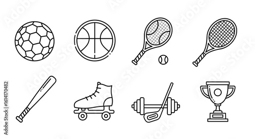 Line art depiction of various sporting equipment and recreational items in a neat arrangement