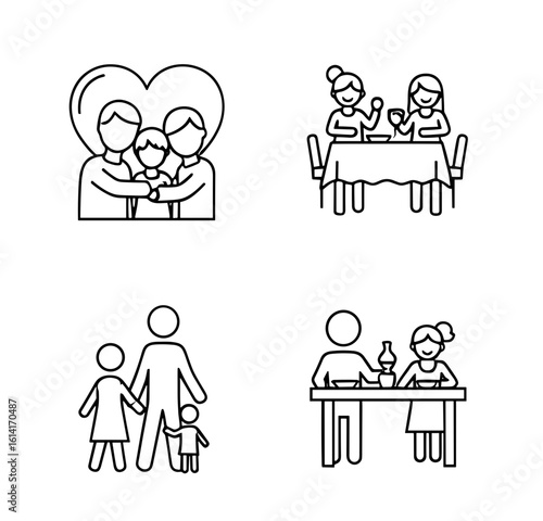 Illustrations depicting family dynamics, including love, dining, and parental relationships shown in line art