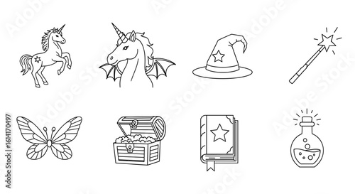 Collection of fantasy themed line art illustrations featuring unicorns and magic items arranged nicely