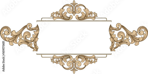 An elegant vintage golden frame with ornate baroque scrollwork, featuring detailed acanthus leaf flourishes and a blank center.