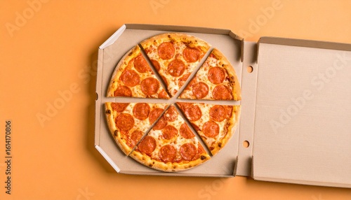 Flat lay of pepperoni pizza on open box with slices neatly arranged, pastel orange background, modern ad layout with space for discount text, clean shadows, designed for horizontal banner ad format