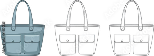 Tote bag front view, fashion accessory sketch, handbag design template, stylish pockets, long handle, cad drawing flat vector illustration