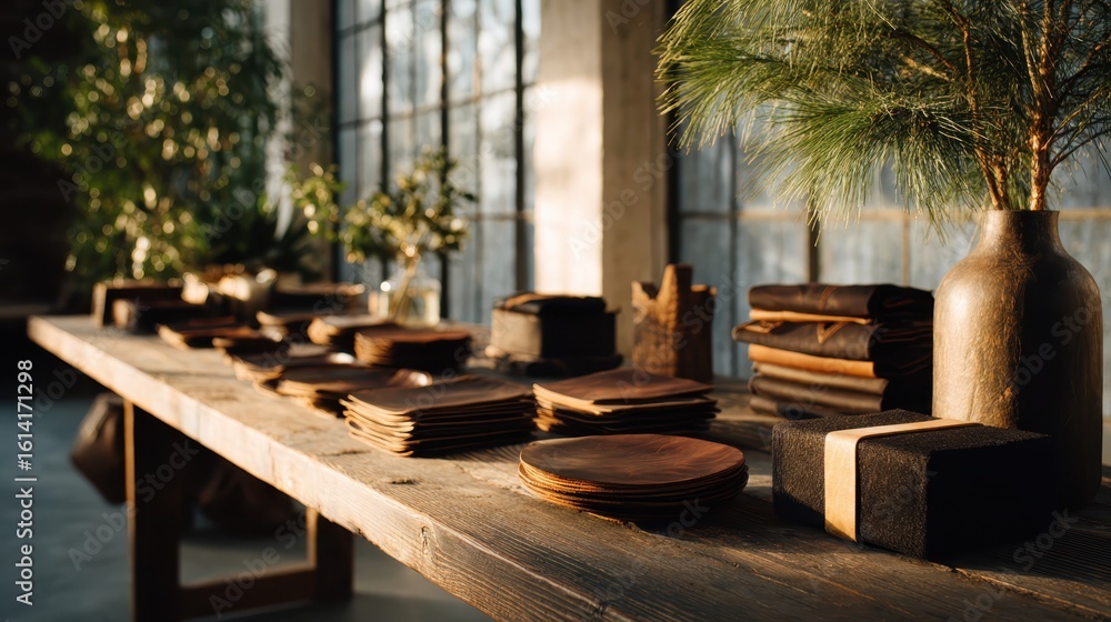 An elegant dining table adorned with wooden plates, linens, and botanicals, creating a serene atmosphere ideal for gatherings or special moments with loved ones. An elegant dining table adorned with wooden plates, linens, and botanicals, creating a serene atmosphere ideal for gatherings or special moments with loved ones.