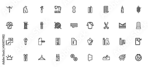Sewing icon set. Minimal vector illustration. Includes needle, sewing machine, scissors, fabric, thread, zipper, button, embroidery and more. Editable stroke design.