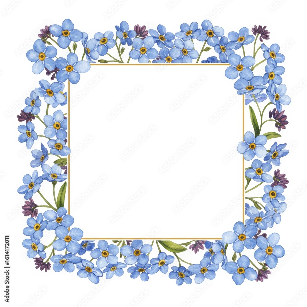 Obraz premium Floral frame with blue forget-me-nots and watercolor design for invitations
