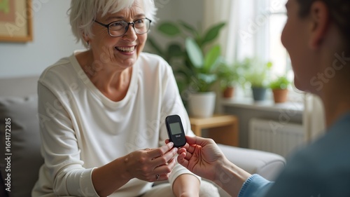 Senior woman using a flash glucose monitor to manage her diabetes at home
