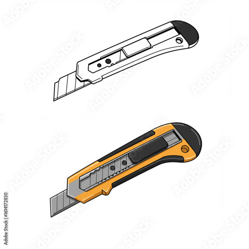 Sharp utility knife with retractable blade for precise cutting, presented in outline and color styles