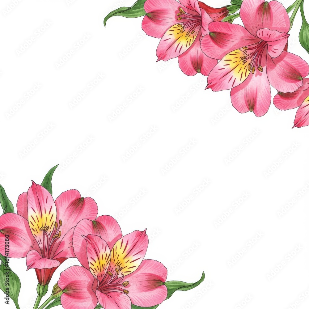 Fototapeta premium Beautiful pink alstroemeria illustration floral arrangement against white provides excellent invitation background