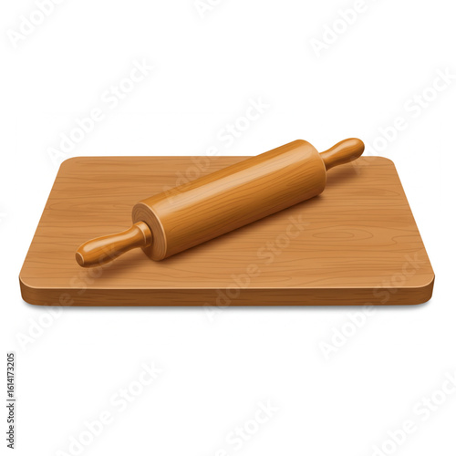 Wooden rolling pin rests on a rustic cutting board, ready for baking dough and culinary creations.