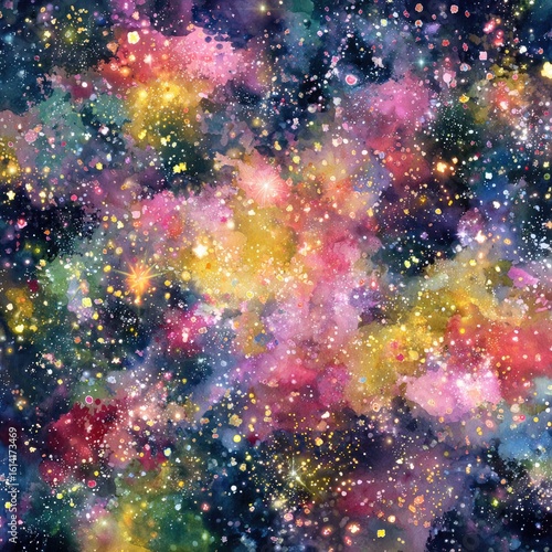 Colorful cosmic nebula watercolor, space background, galaxy art, fabric print