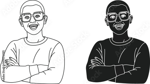 Illustration of a smiling boy with glasses and arms crossed in outline and silhouette