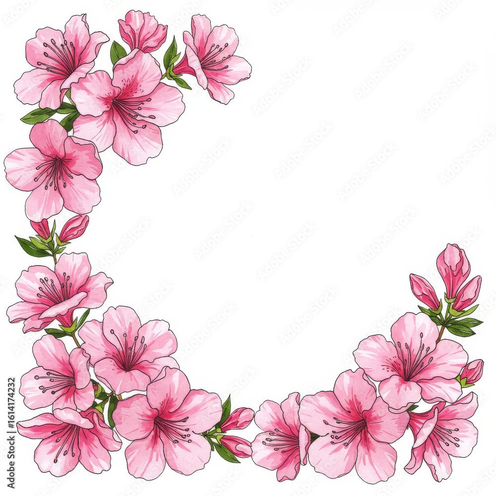 Fototapeta premium Delicate pink azalea flower border with white blank space for text overlay
