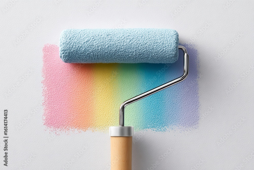 Obraz premium Rainbow paint roller creating vibrant colors on a white wall surface in a minimalistic indoor setting