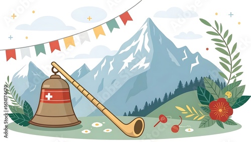 Traditional swiss alphorn and cowbell in alpine landscape isolated on white background