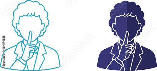 Two stylized figures in suits with finger to lips in blue and dark blue shades design