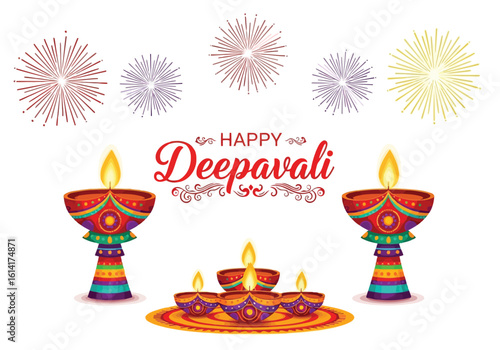 Vector illustration of a vibrant illustration for deepavali featuring ornate diyas, fireworks, and festive decorations, wishing a happy celebration