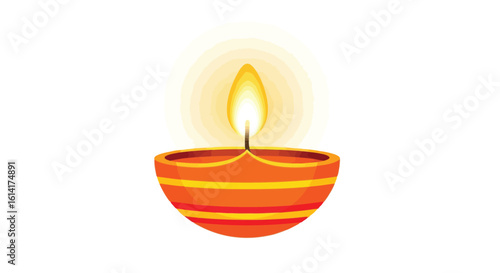 Vector illustration of a single orange diya with a bright yellow flame isolated on a white background
