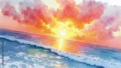 Stunning sunset over ocean waves with vibrant pink and orange sky reflecting on water creating dynamic, peaceful summer vibes