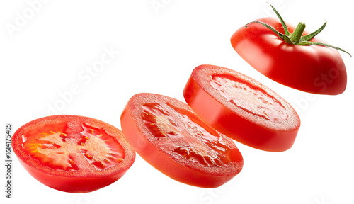 Rodaja de tomate voladoras en fondo	
